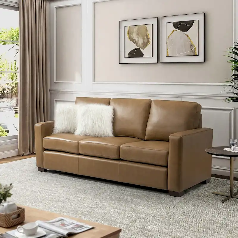 Ernando 83.46 Wide Genuine Leather Sofa with Squared Arms and Pillows