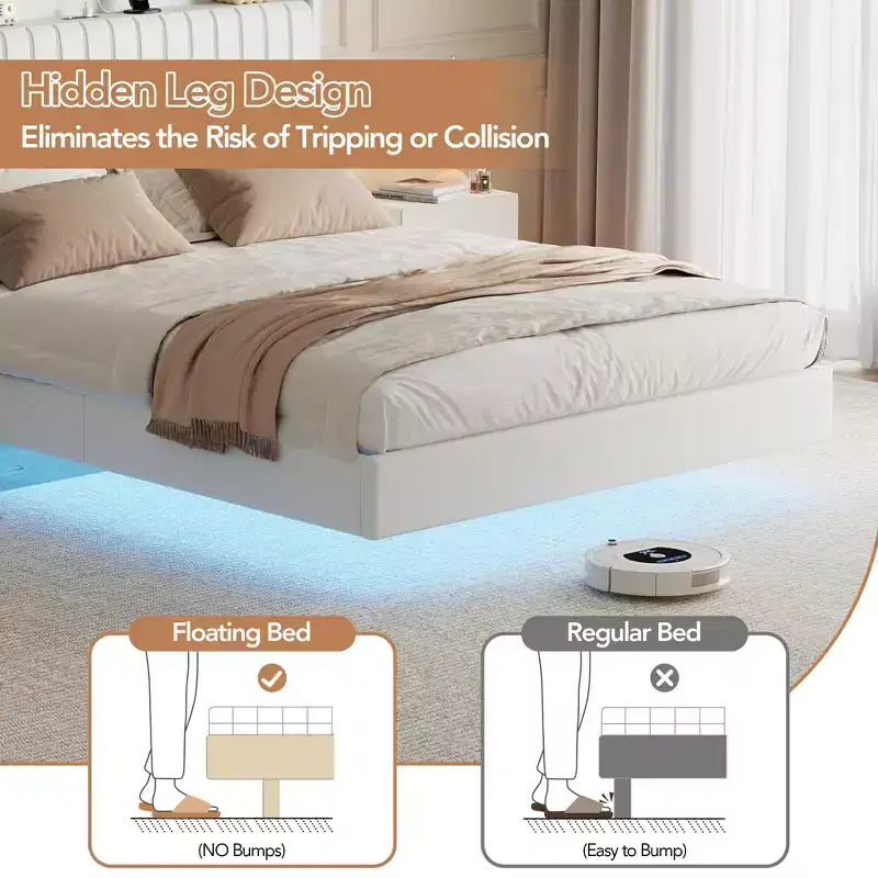GustoWave Floating Bed Frame, with LED Lights & Charging Station