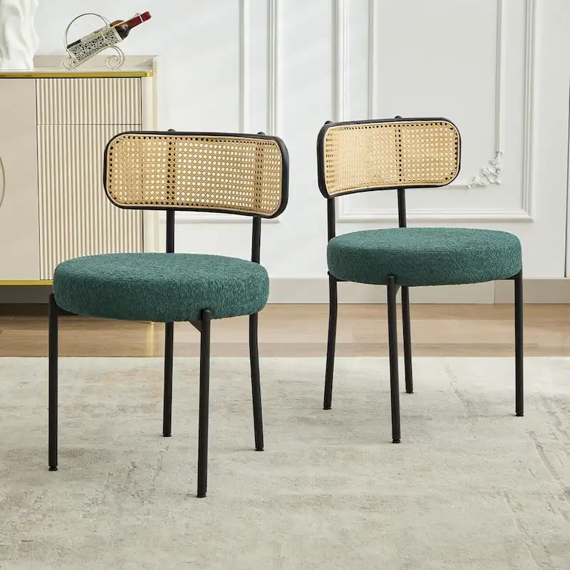 XINMICS Mid-Century Modern Dining Chairs, Boucle Upholstered Metal Side Chair with Rattan Cane Back, Set of 2 - set of 2
