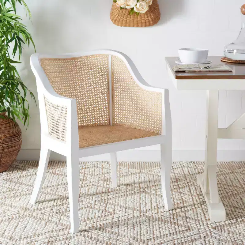 Cane Dining Arm Chair – Elm Wood Frame, Curved Back, White, 275 lb Capacity