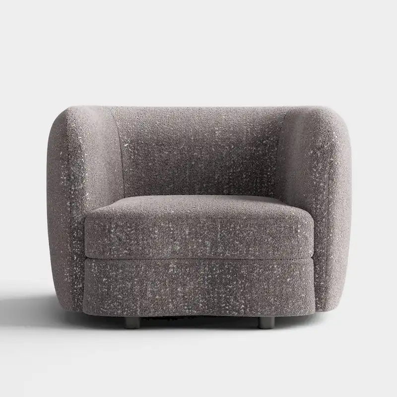 Modern Boucle Accent Chair with Curved Arms, Kidney Seat & Round Wood Legs