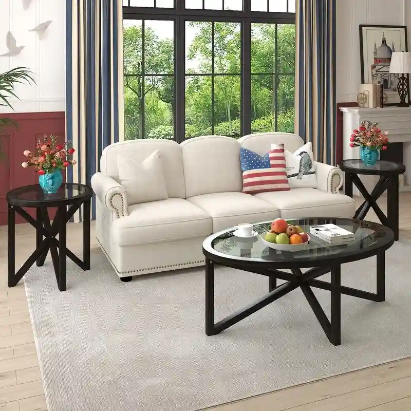 Modern Glass Coffee Table X-Cross Solid Wood Base End Table