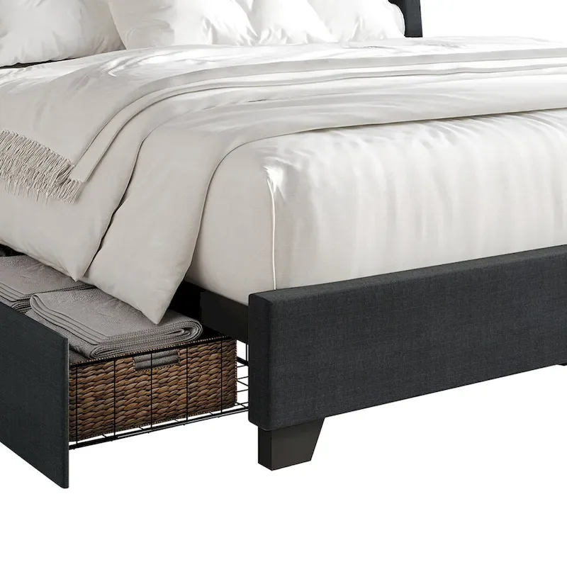 Elegant Chrome Nailhead Wingback Upholstered Bed with Drawers