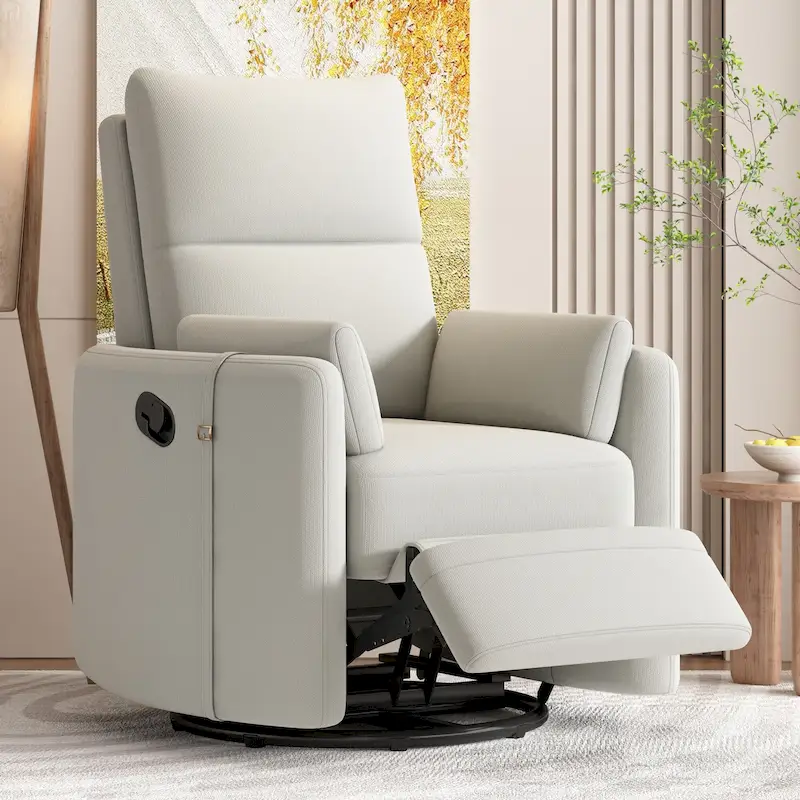 Beige Upholstered Swivel Rocker Recliner with Manual Recline, 360 Swivel, and Two Removable Cushions