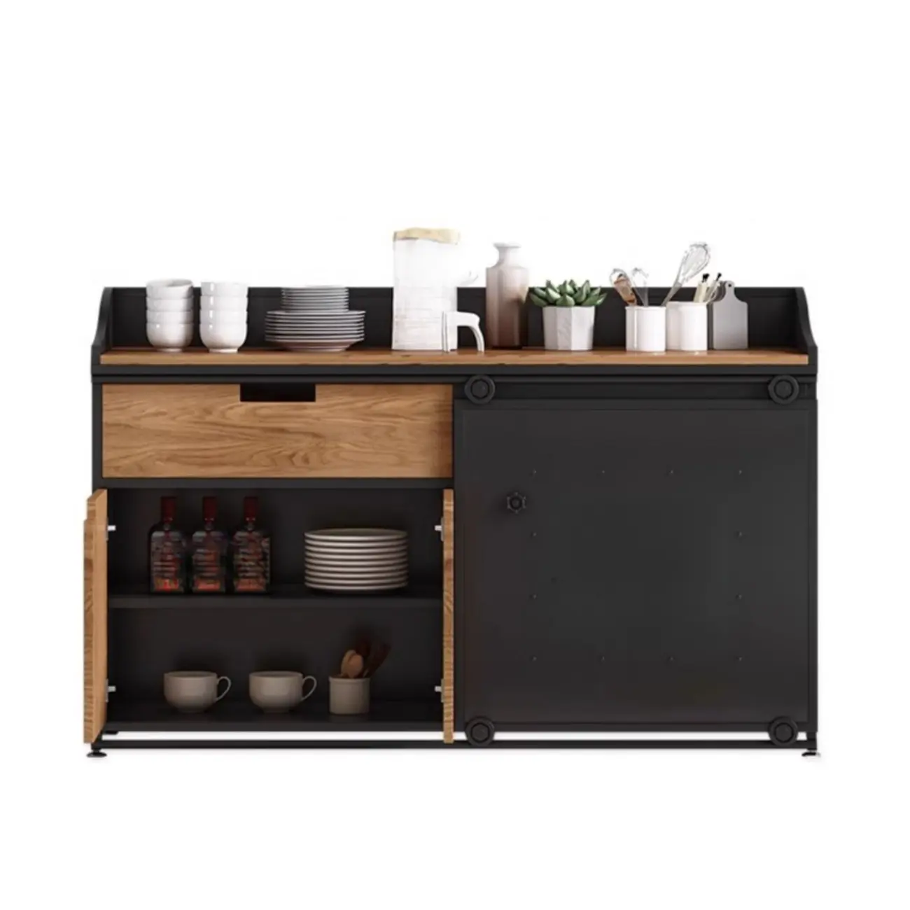 Industrial Sliding Door 4 Shelves Wooden Black Buffet Cabinet