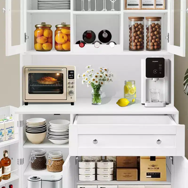 White 5-Door Freestanding Kitchen Pantry Cabinet with Wine Rack