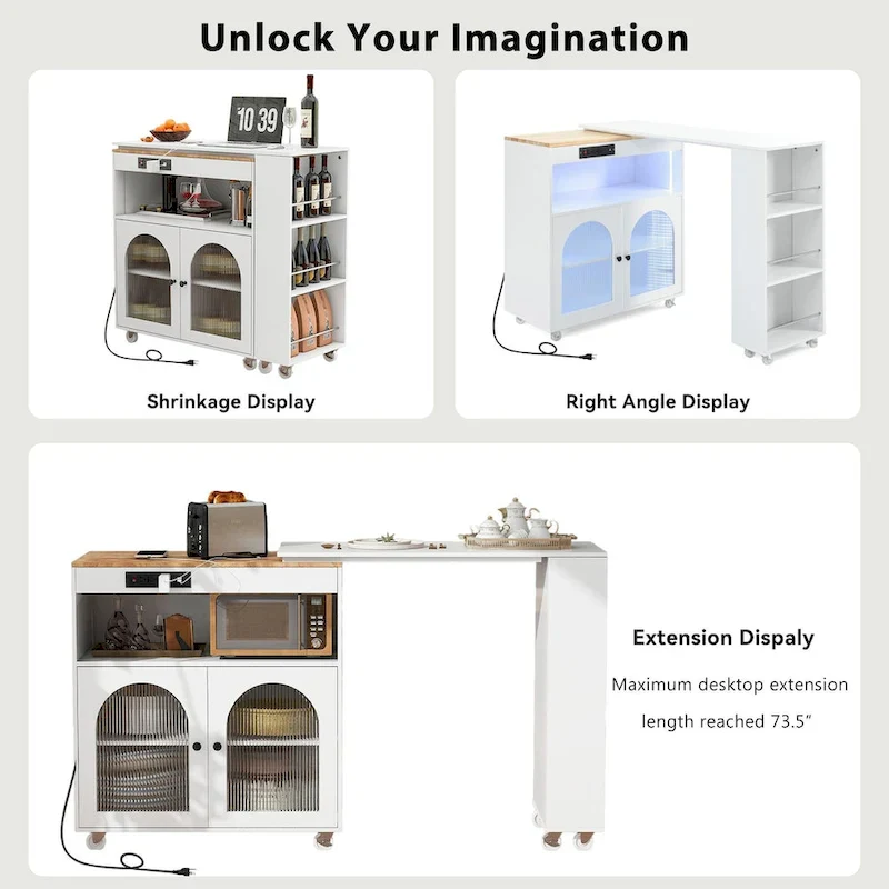 LED Lights Kitchen Island Cart With Extended Table and Power Outlets