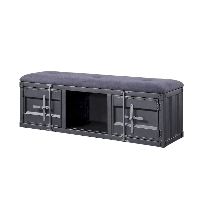 Industrial Style Metal and Fabric Bench with Open Storage, Gray