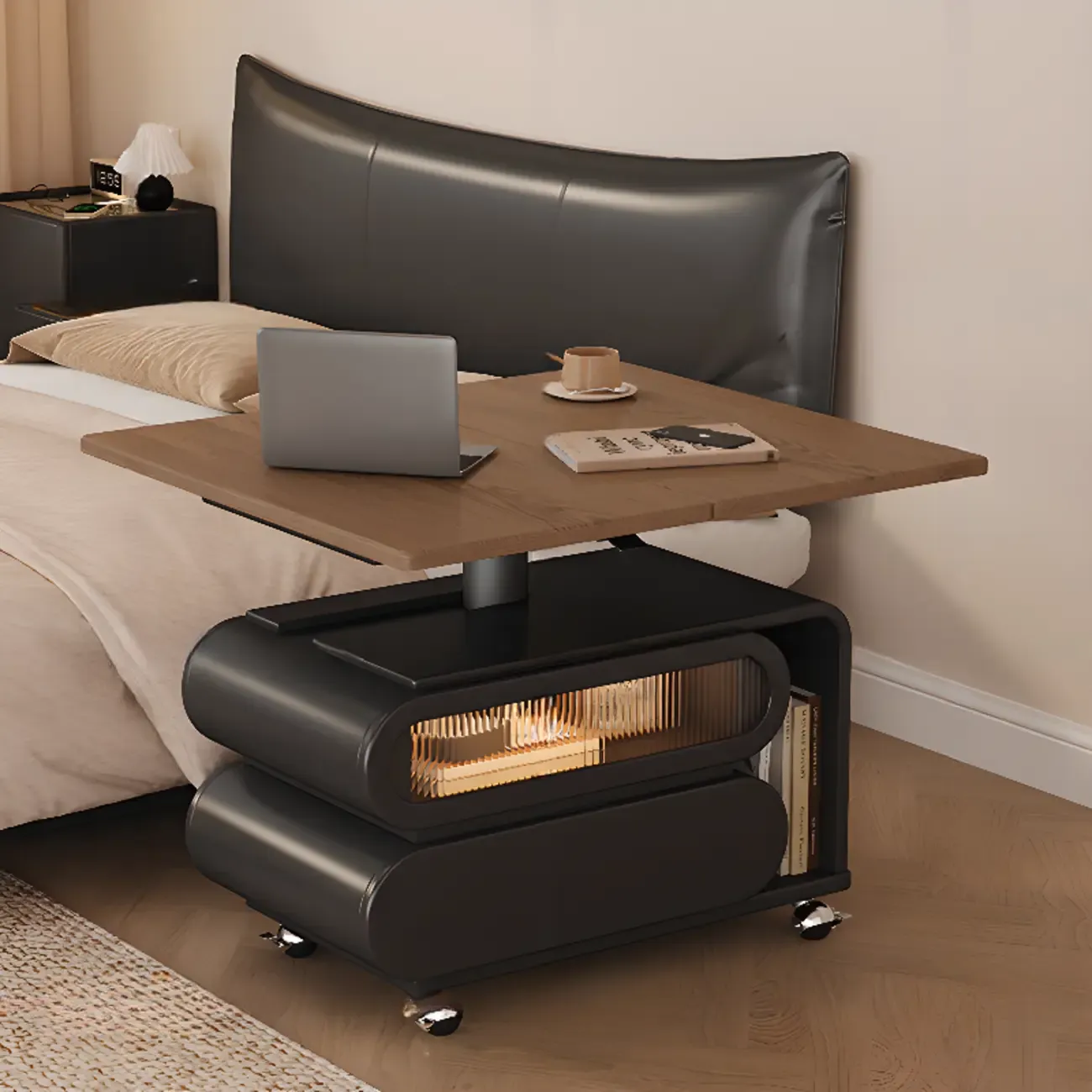 Adjustable Tabletop Modern Wood Side Table with Wheels