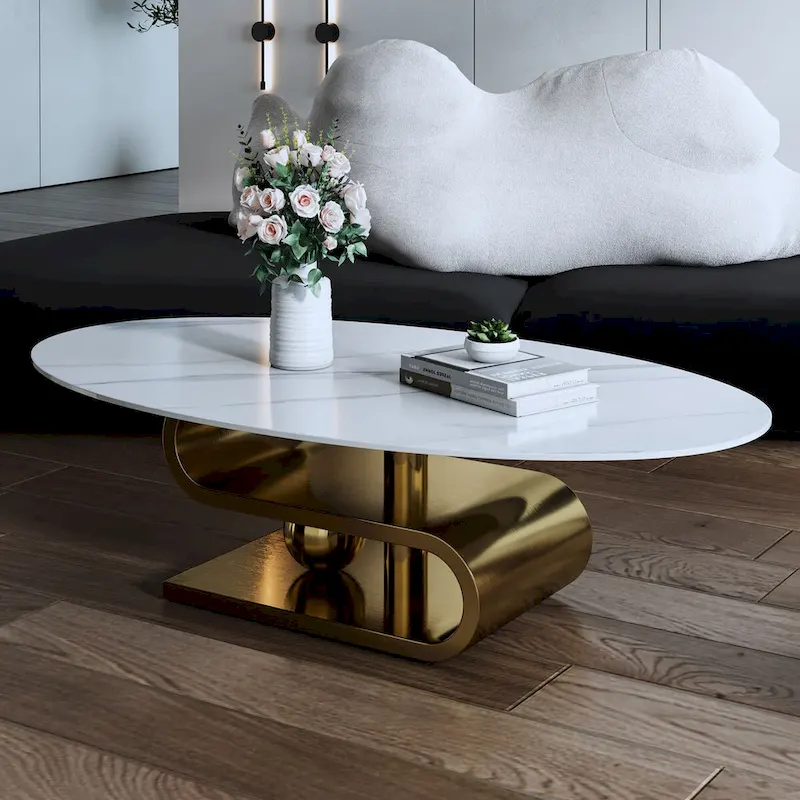 Exquisite Modern Oval Coffee table with white 51L Stone Top and Gold Metal Base
