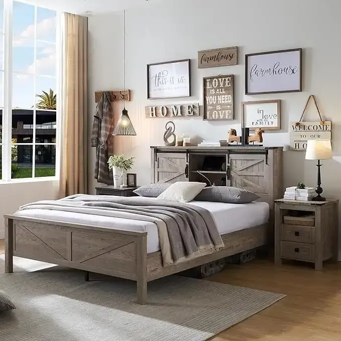 Farmhouse Full Size Bed Frame with Storage Shelves & Charging Station