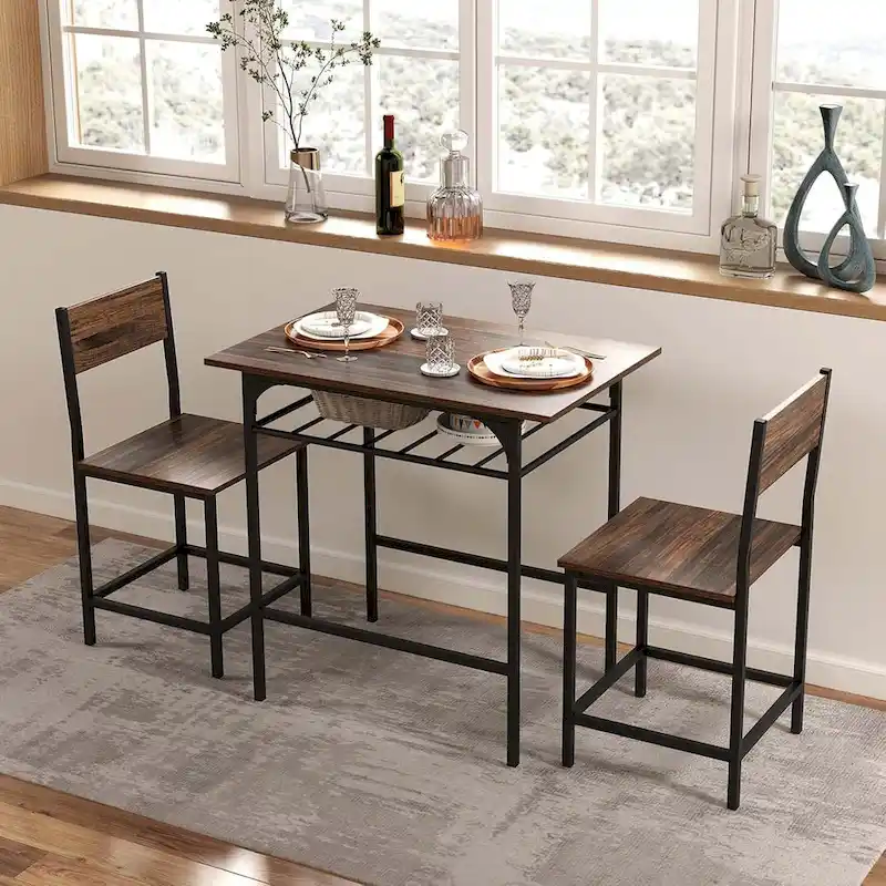 3PCS Dining Table Set Industrial Breakfast Nook Table Set w/ Wine Rack