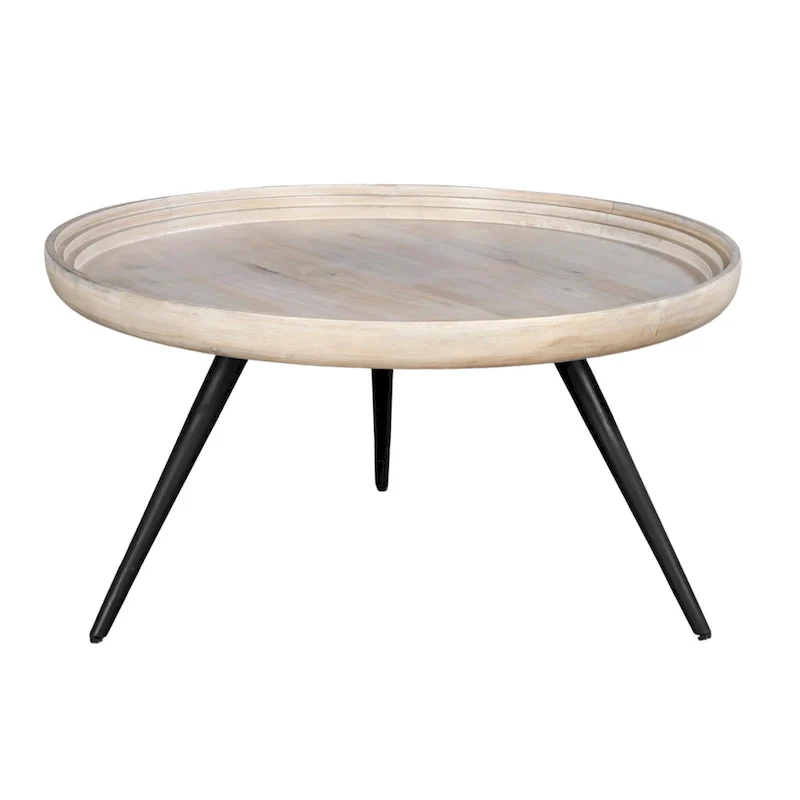 Urban Chic Coffee Table 30 Inch Round Tray Top, Handcrafted Washed White Mango Wood
