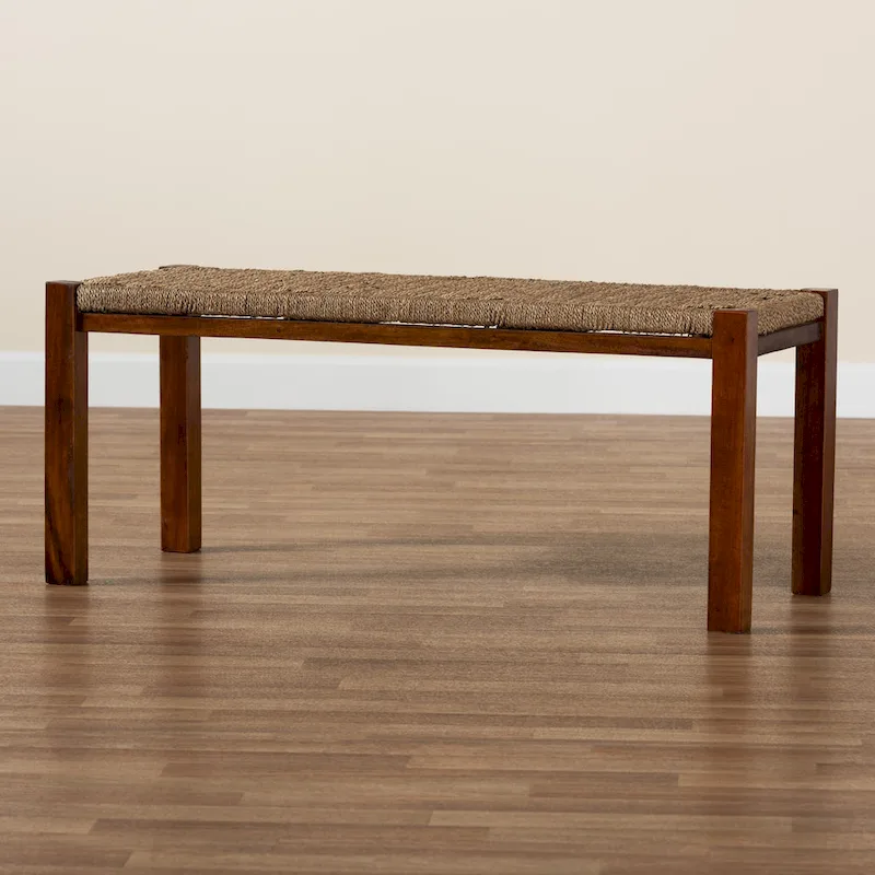 Hermes Mid-Century Modern Transitional Natural Seagrass and Mahogany Wood Bench