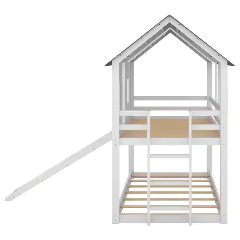 Whisen Twin over Twin House Bunk Bed with Slide and Windows - White