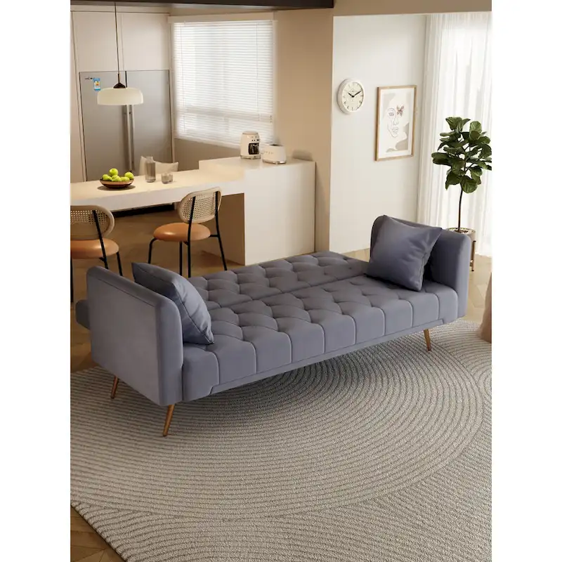 Tufted Grey Upholstered Convertible Double Folding Sofa Bed - 19.00 x 71.00 x 30.00
