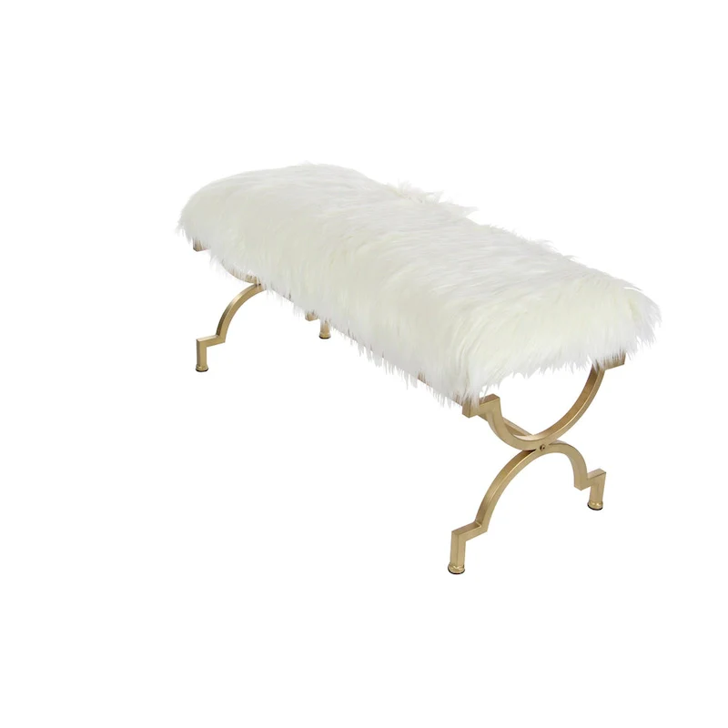 Gold Metal Bench - White Faux Fur Seat - 42