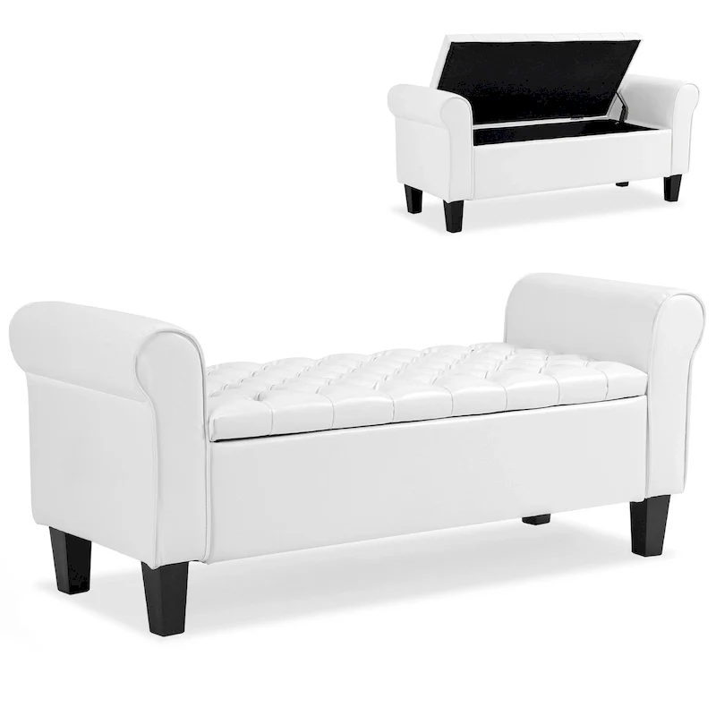 Leather Upholstered Storage Ottoman Bench with Arms