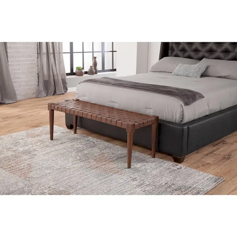 Harness Cognac Brown Woven Genuine Leather and Solid Wood Accent Bench