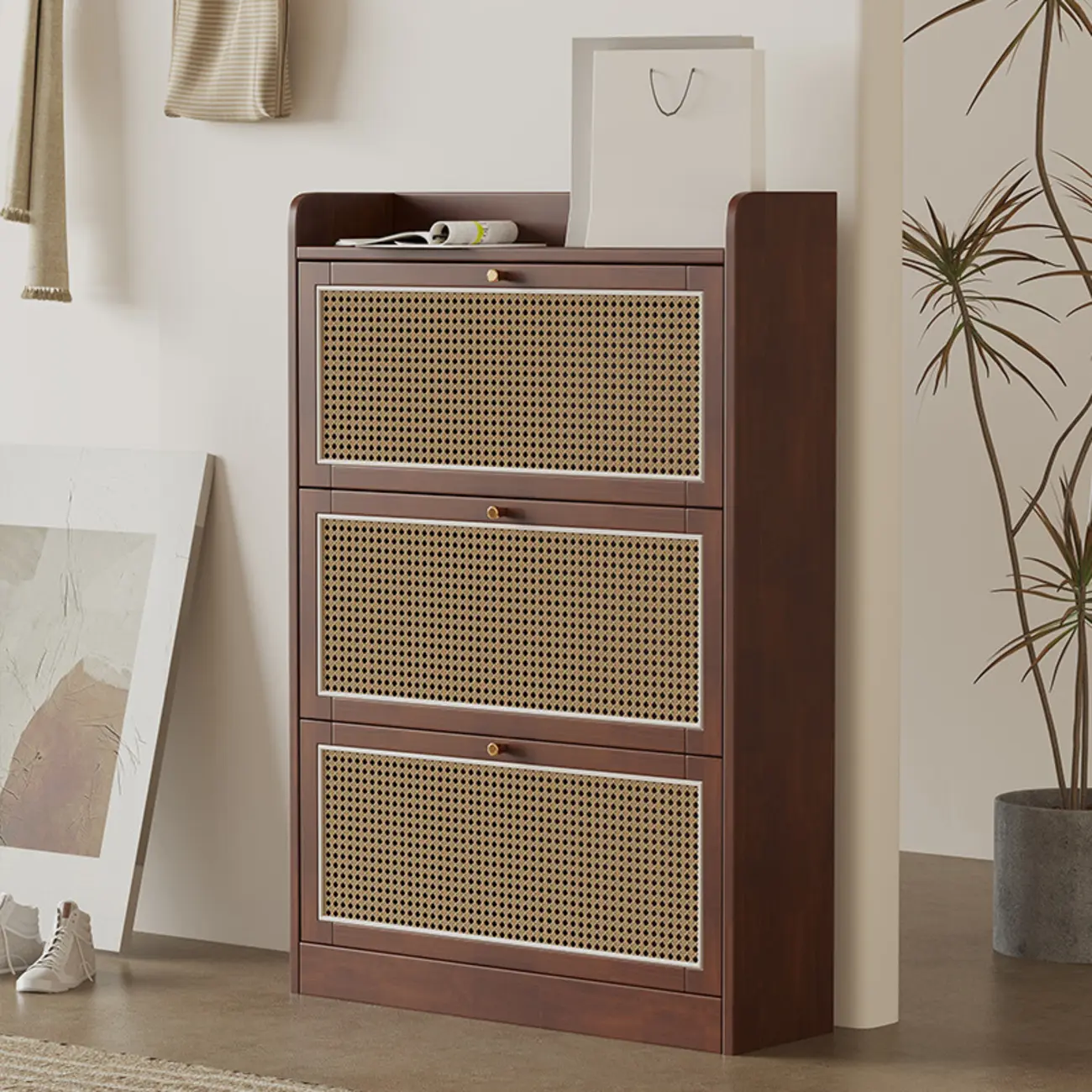 Bohemian Solid Wood Shoe Storage with Rattan Doors