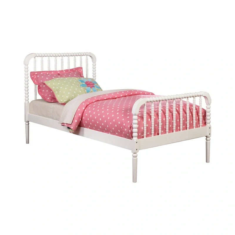 Wooden Twin Bed with Bobbin Style Slatted Headboard and Footboard, White