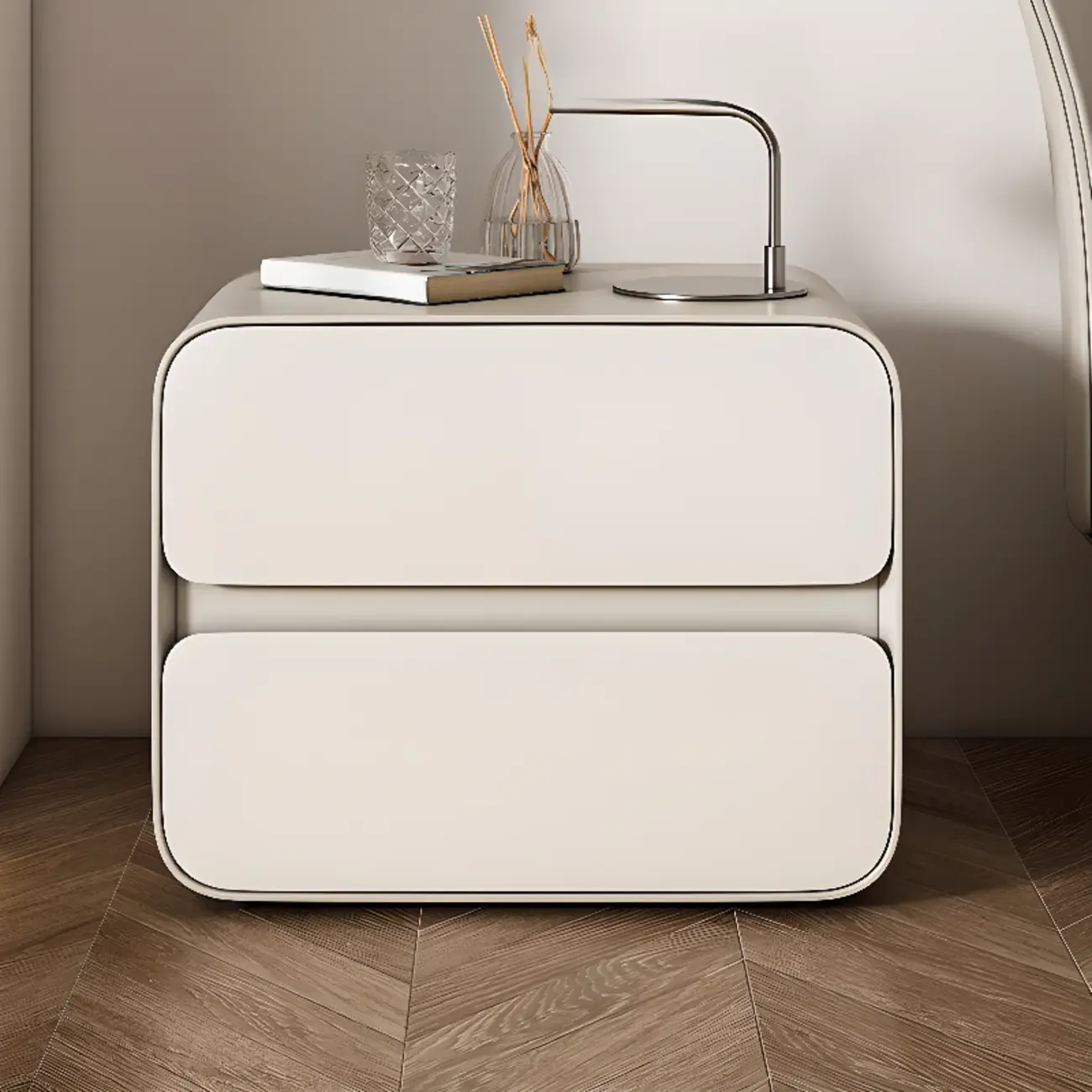 White Art Deco Faux Leather Top Storage Nightstand