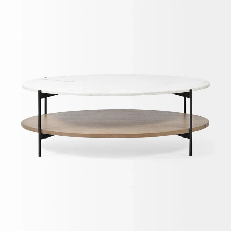 HomeRoots 48 Brown and Black Genuine Marble and Metal Oval Coffee Table With Shelf - 30
