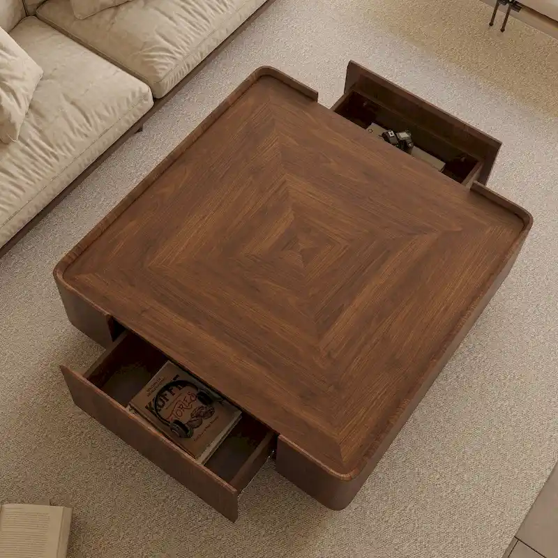 Mid-Century Modern Suqare Wood Finish Coffee Table with Drawers