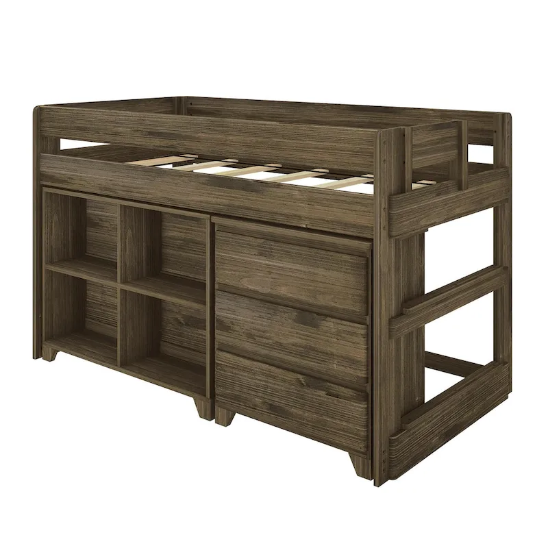 Max and Lily Farmhouse Twin Low Loft with Dresser and Bookcase