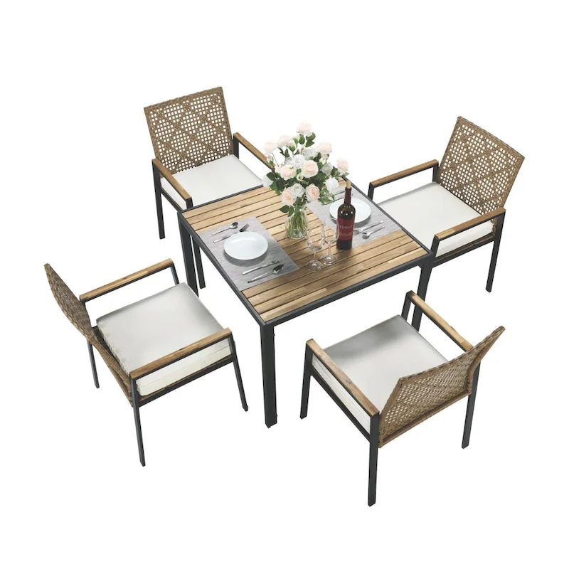 All Weather 5-Piece Patio Dining Set with Umbrella Hole and Acacia Wood Table Top