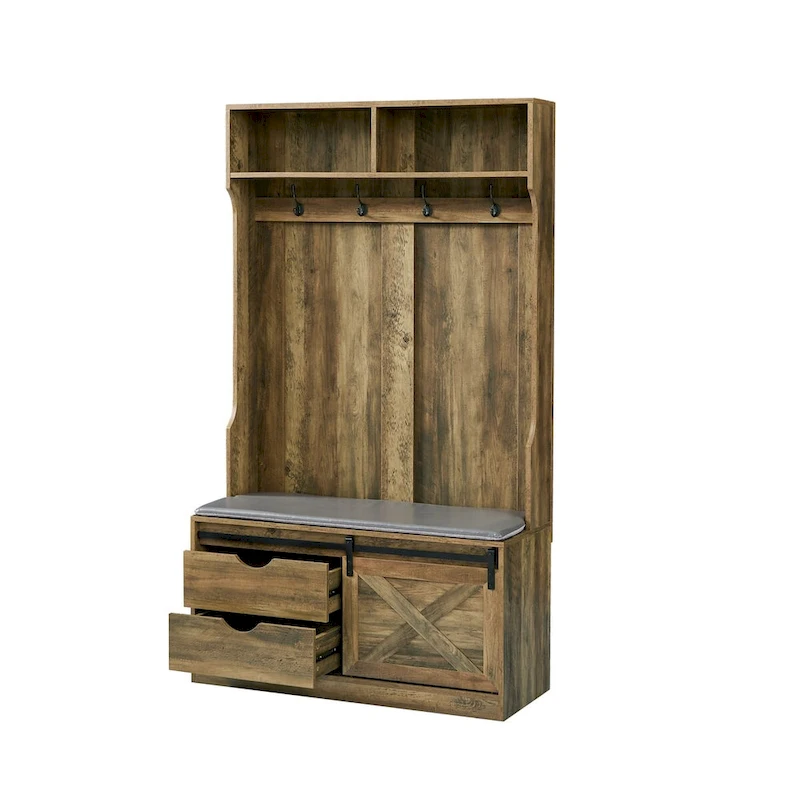 Hall Tree with Coat Rack, Bench, Drawers