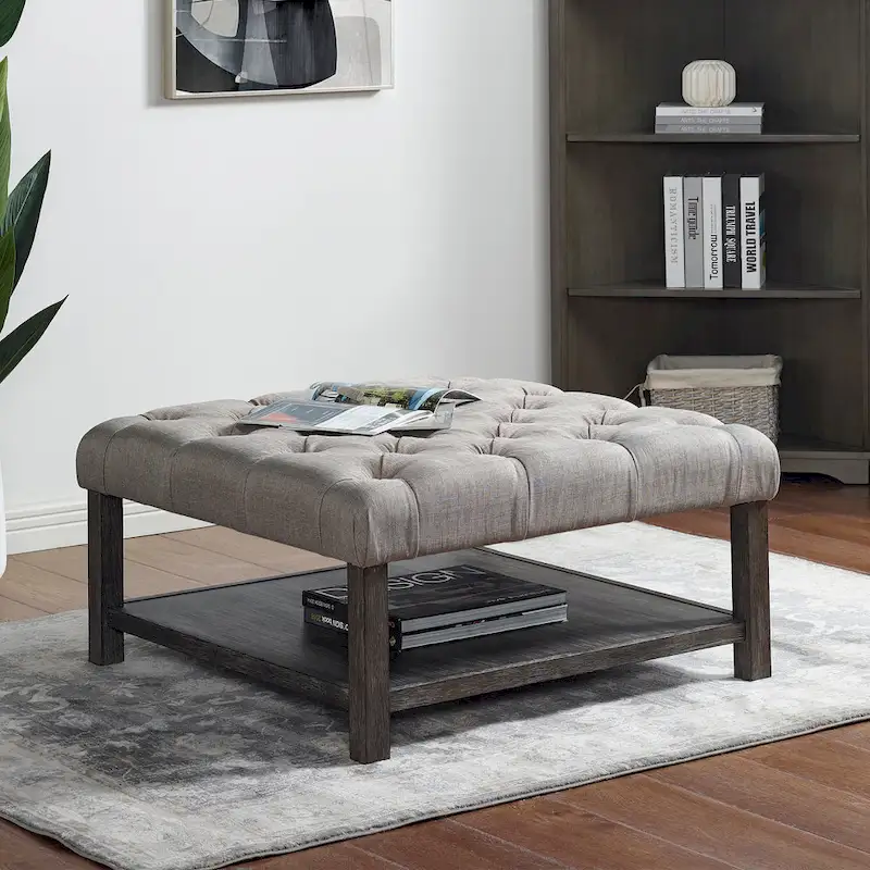 Belbeck Farmhouse Grey Fabric Tufted Square Cocktail Ottoman with Open-Shelf by Furniture of America