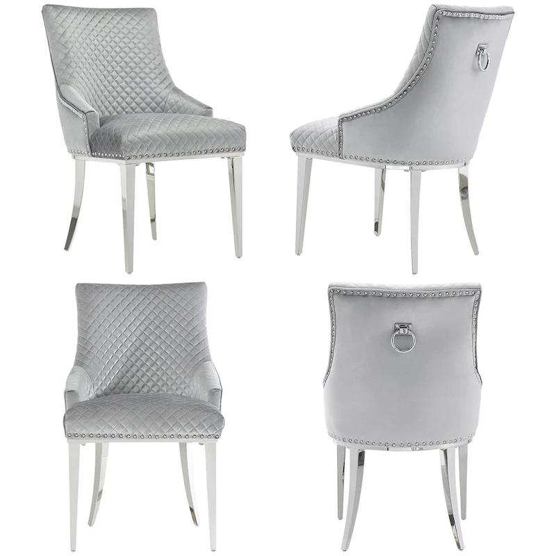 Modern Light Grey Velvet Dining Chairs with Mirrored Silver Legs