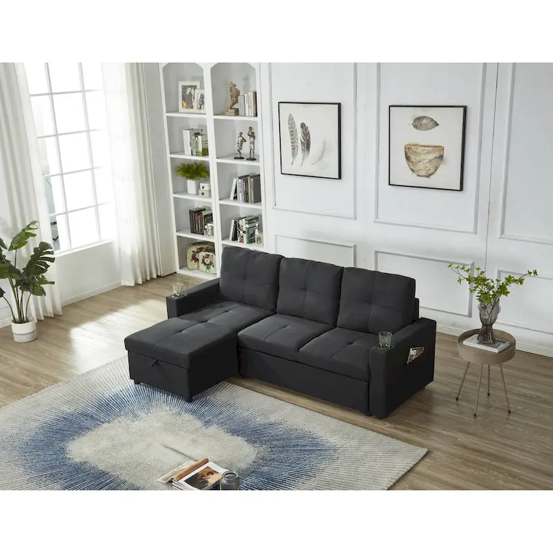 Linen Sectional Sofa Reversible Chaise with Pull out Sleeper