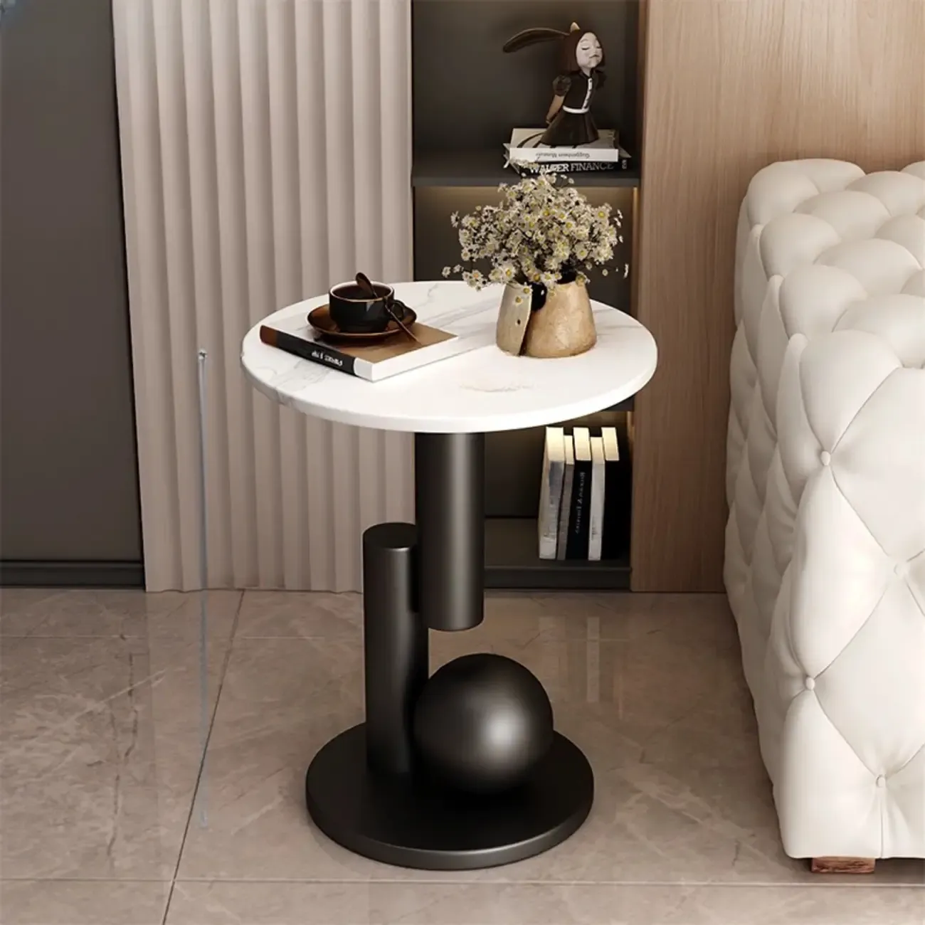 Glam Round Stone Top End Table Abstract Base