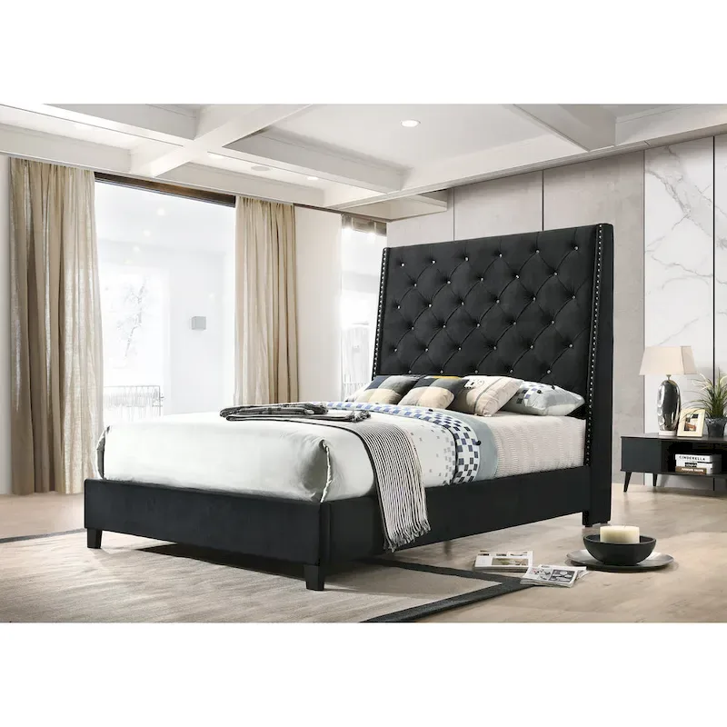 Black Velvet Upholstered Tufted Bed - Modern Design