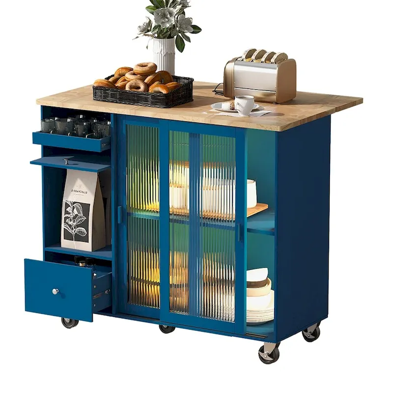 Kitchen Island Cart w/Drop Leaf, LED Light & Changeable Wheels or Feet