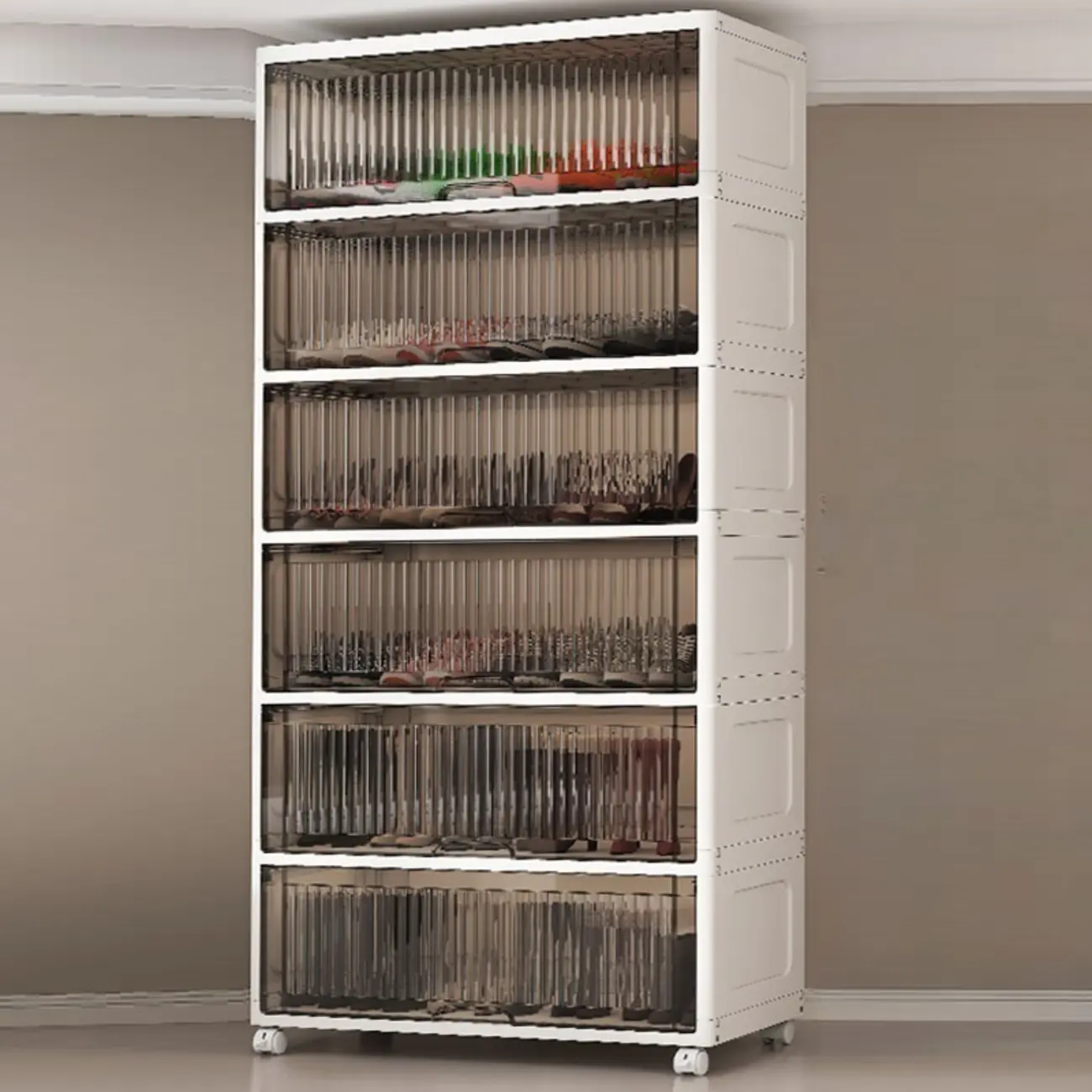 Hallway White Plastic Drop-Front Shoe Cabinet with Casters