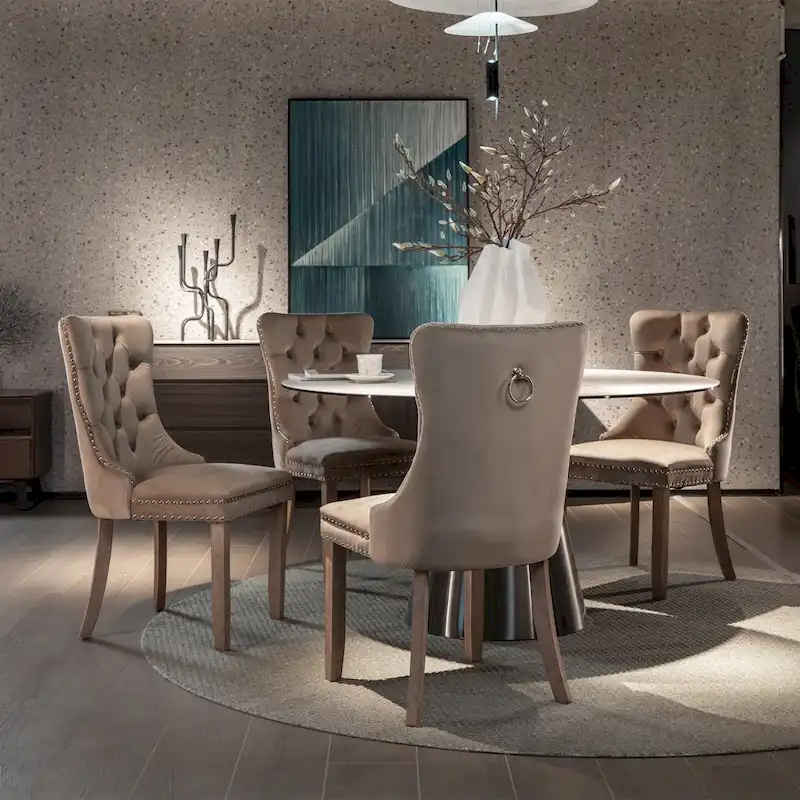 Modern Set of 2 Velvet Tufted Dining Chair with Wood Legs and Nailhead Trim