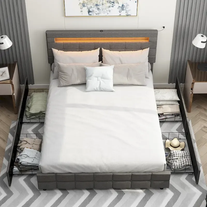 Grey Queen LED Upholstered Platform Bed with Storage Drawers, 2-Person