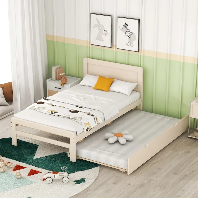 White Solid Wood Twin Bed with Trundle