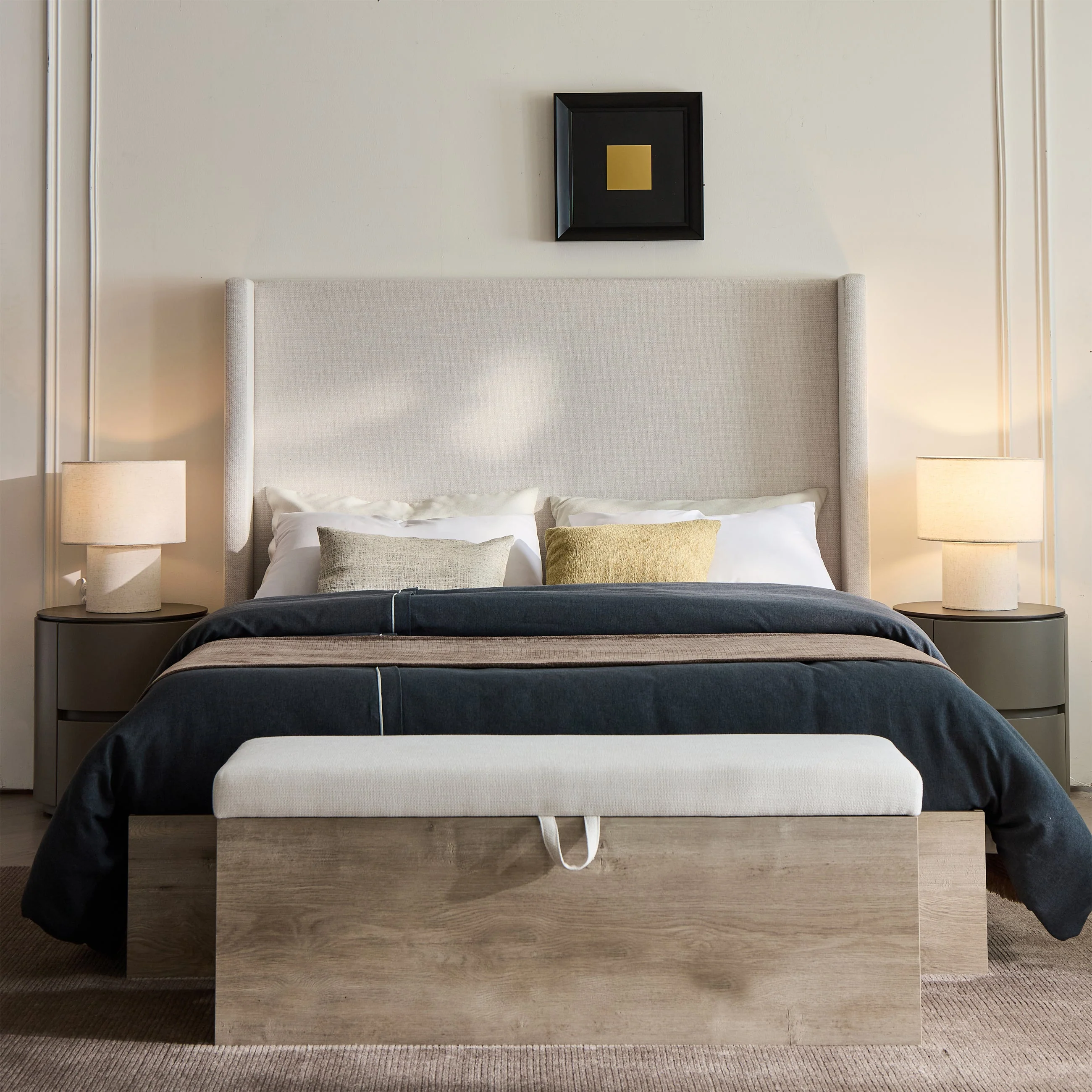 Walker Edison | Shelton 54' Queen Upholstered Wingback Bed and Wood Base