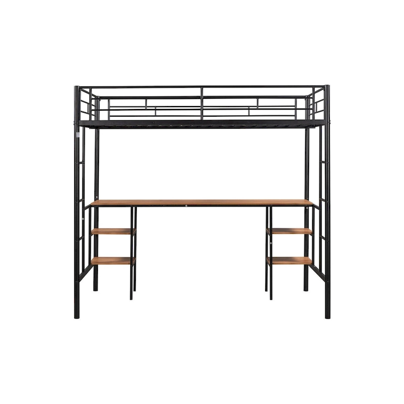 Black Steel Loft Bed with Table, Space-Saving