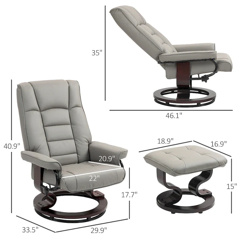 Recliner with Ottoman, Swivel Recliner Chair and Ottoman, Faux Leather Reclining Chair with High Back and Wood Frame
