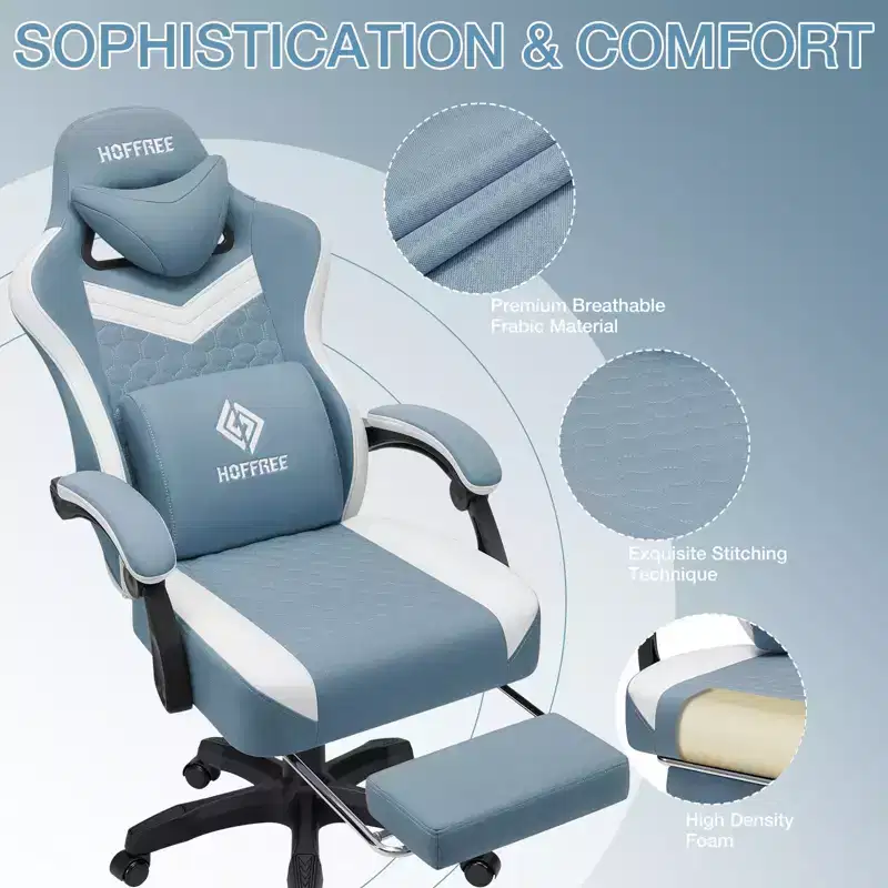 Hoffree Breathable Fabric Massage Gaming Chair Ergonomic Office PC Chair with Footrest & Adjustable