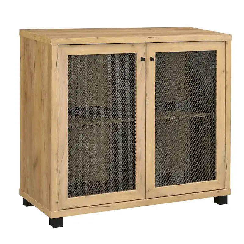 2 Doors Accent Cabinet with Metal Legs in Golden Oak and Black