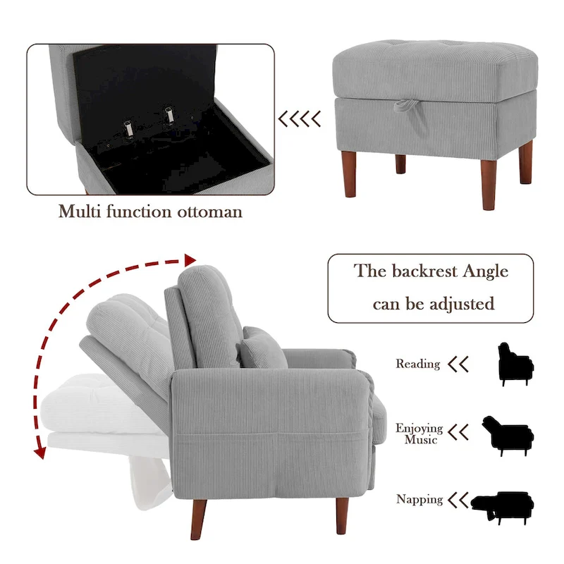 UIXE Modern Lounge Chair Accent Chair and Stroage Ottoman With Adjustable Backrest