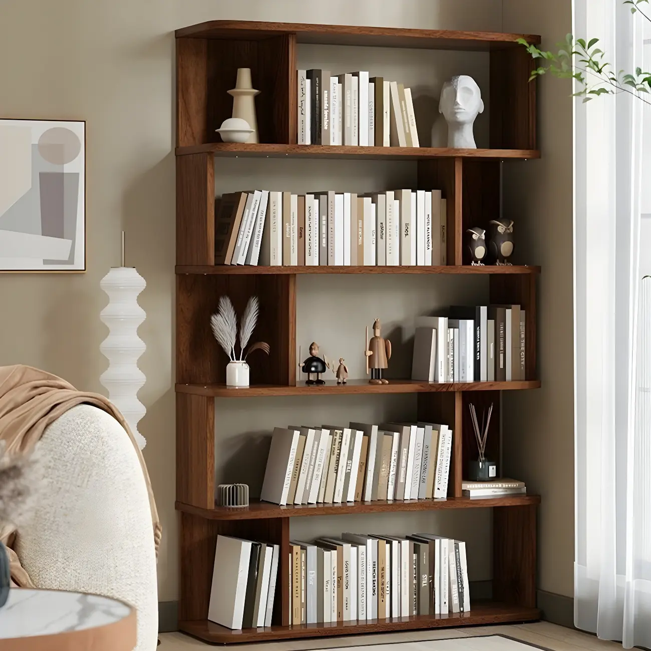 Tall Modern Walnut Open Back 6-Shelf Wood Bookcase