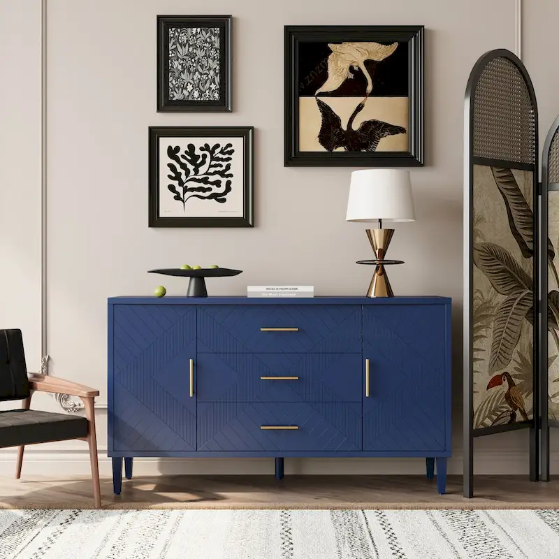 Navy Blue Sideboard Cabinet with 2 Doors, 3 Drawers & Carved Effect, Curved Top