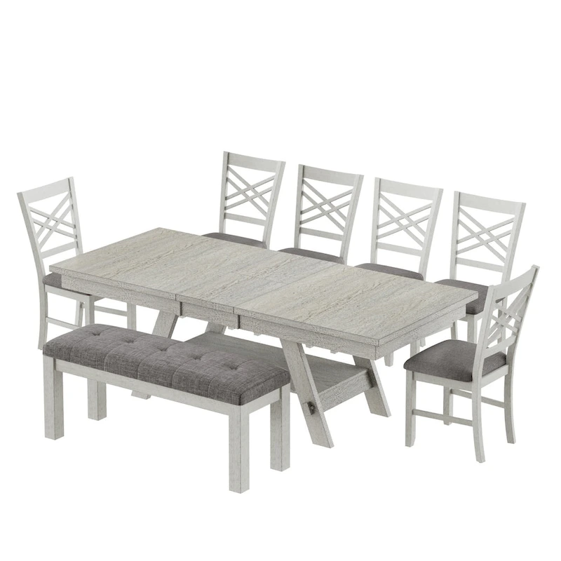 VECELO 6/8-Piece Dining Table Set with Bench, Solid Wood Rectangular Extendable Dining Table & 4 Solid Wood Dining Chairs